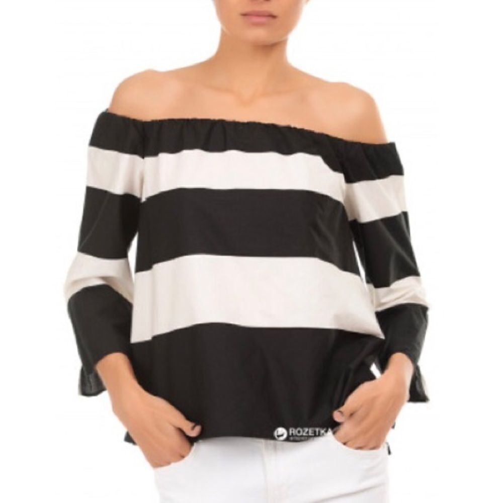 ZARA Striped Cropped Off Shoulder Blouse Top Shirt Black Cream XS